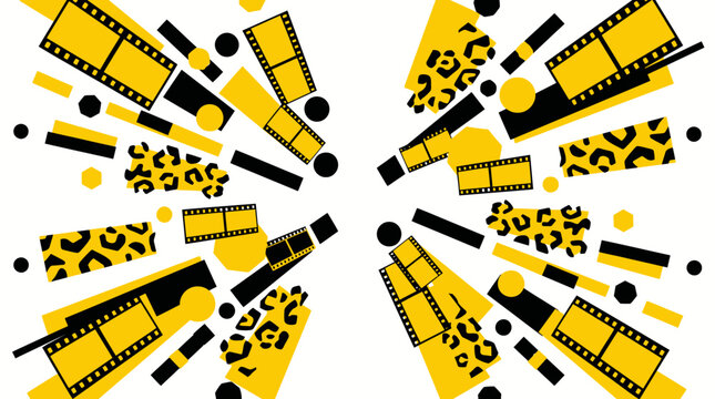 Abstract Graphic Design with Film Strips, Leopard Print, and Geometric Shapes in Yellow and Black