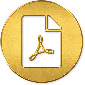 File pdf icon with gold metallic 3D coin badge for file pdf adobe document portable format printable reader digital paper on transparent background