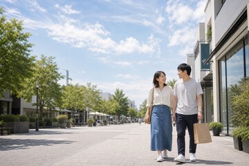 Obraz premium 青空の商業施設前を歩く買い物デート