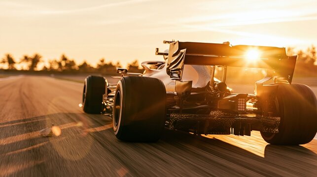 Formula racing car speeding on a golden circuit with warm sun flare, showing carbon fiber textures and rear wing detail for motorsport and technical content