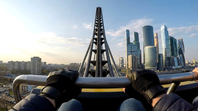 Riding roller coaster with hands up in cityscape with skyscrapers and bridge