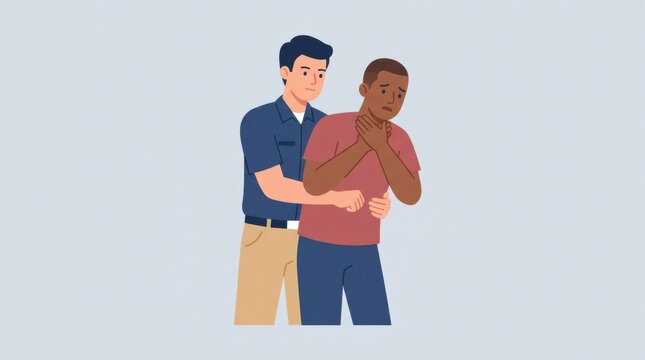 A person shows the Heimlich maneuver to assist someone in distress at a workplace first aid demonstration for emergency response.