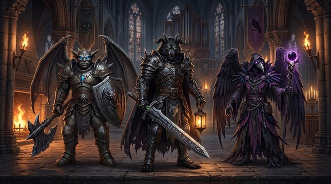 Three formidable dark fantasy figures, including a winged demon, a horned knight, and a robed sorcerer, stand menacingly in a gothic hall illuminated by torches.