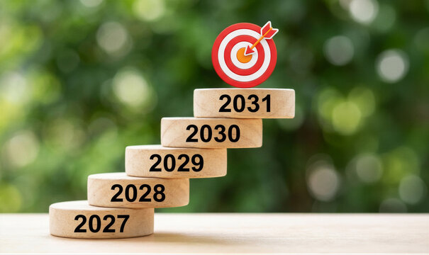 事業成長目標達成に向けたマイルストーン（2027年～2030年）を示す木製ブロック