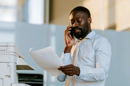 Focused Black businessman talking on a mobile phone while collecting a crisp paper printout, showing a busy yet capable mood for corporate multitasking and office workflow imagery
