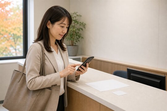 受付でスマホのデジタル確認をする女性