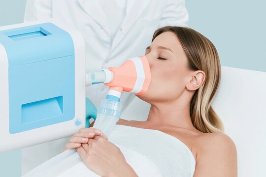 Patient using a spirometry breathing device for a lung function test with a smooth plastic mask and a soft clinical palette for respiratory healthcare