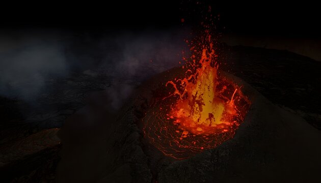 Dynamic fiery volcano eruption emits incandescent molten rock, illuminating dark night sky for geological research.