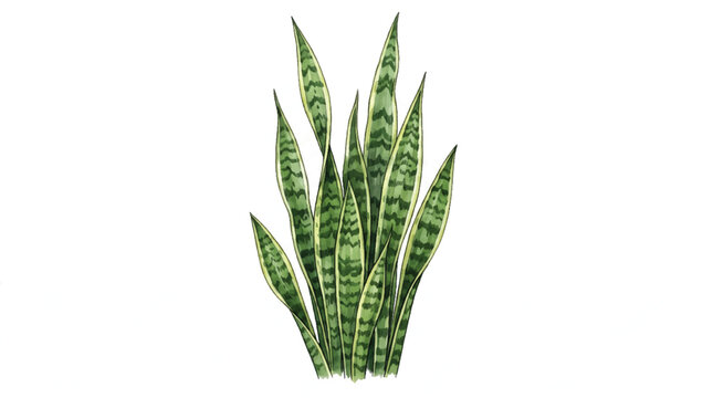 A vibrant illustration of a snake plant, showcasing its distinctive upright, sword-shaped leaves with green and yellow variegated patterns, set against a clean white background.