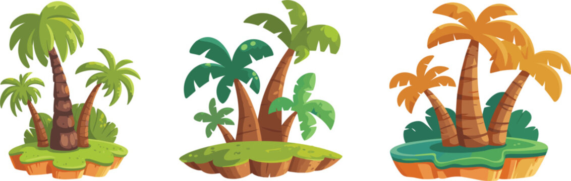 Tropical palm tree island game asset vector set, cartoon oasis floating land collection isolated on white background