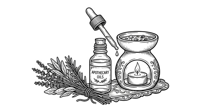 Aromatherapy Essential Oils Diffuser with Lavender and Rosemary, Hand Drawn Illustration