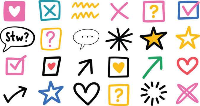 Hand drawn doodle vector icon set, check mark arrow heart and star elements isolated on background