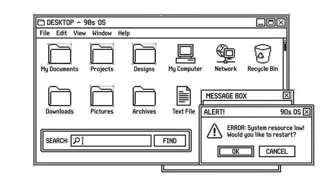 Retro 90s Computer Desktop Interface, Old Operating System UI Design