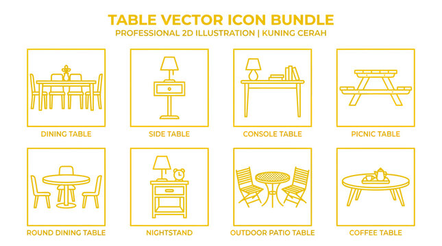 Table Vector Icon Bundle: Dining, Side, Console, Picnic, Round, Nightstand, Patio, Coffee Tables
