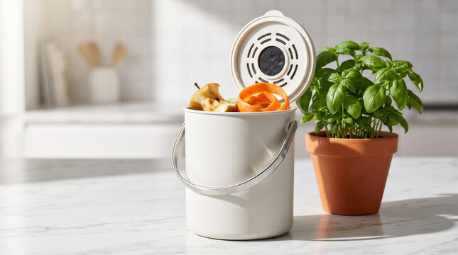 Kitchen compost bin with food scraps next to potted basil plant  