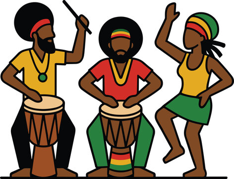 Rastafarian drummers and dancer performing. People playing djembe drums and dancing in reggae style