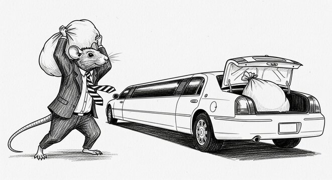 Cartoon rat driving a white stretch limousine humorously.