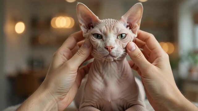 Close up of human hands gently massaging a hairless Sphynx cat