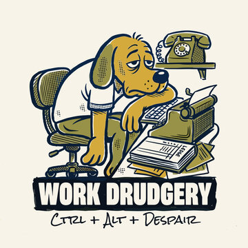 Work drudgery ctrl alt despair. Funny vintage cartoon for t shirt print. Tired office dog sitting at desk with typewriter. Retro comic book illustration with halftone dots.