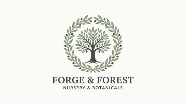 Forge  Forest Nursery  Botanicals logo with a tree and olive branches.