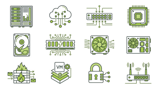 Computer hardware and server technology outline icons