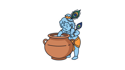 A cute cartoon illustration of baby Krishna reaching into a traditional clay pot of butter.