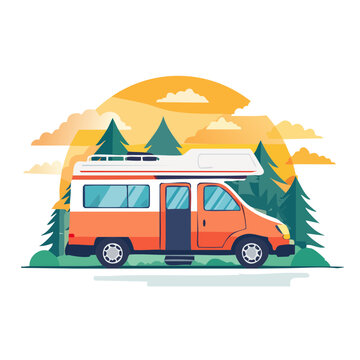 Orange camper van in forest at sunset, flat vector illustration