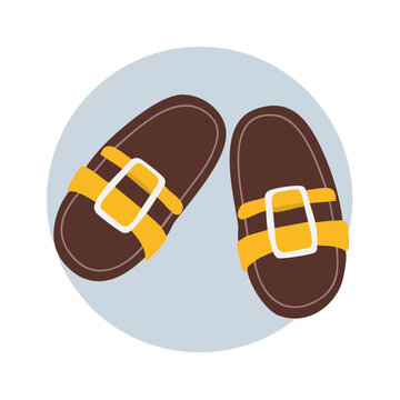 Pair of Brown Sandals with Yellow Straps, Flat Vector Icon