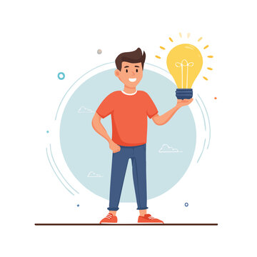 Man holding light bulb, flat vector illustration