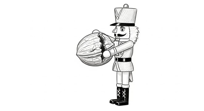 Classic Black and White Nutcracker Soldier Illustration Holding Sack.