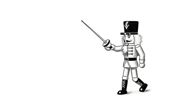 Black and white illustration of nutcracker soldier holding sword.