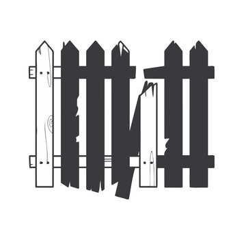 Broken wooden picket fence vector illustration