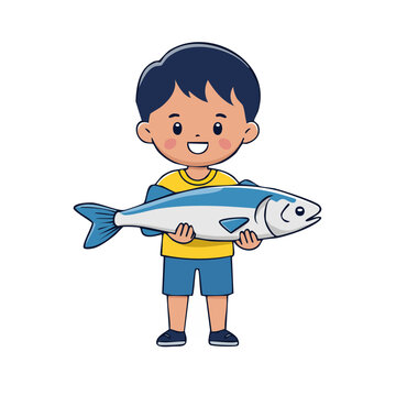 Cartoon boy holding a big fish illustration