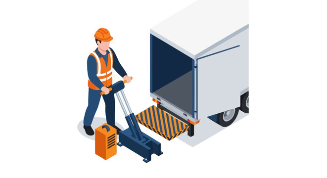 Worker loading cargo onto delivery truck with pallet jack.