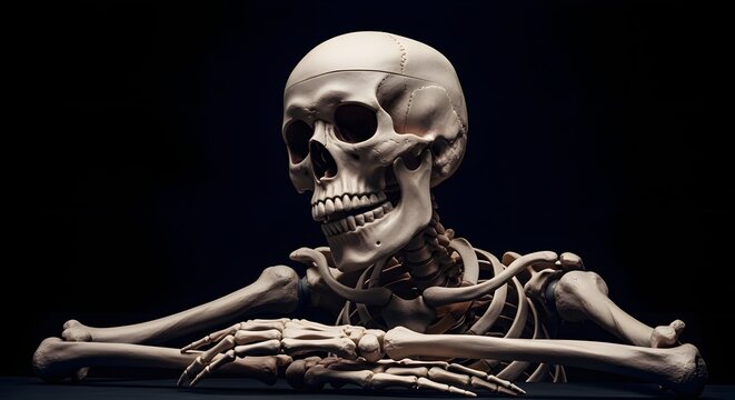 Human skeleton model resting its chin on its hands, looking thoughtful or waiting in a dark studio setting