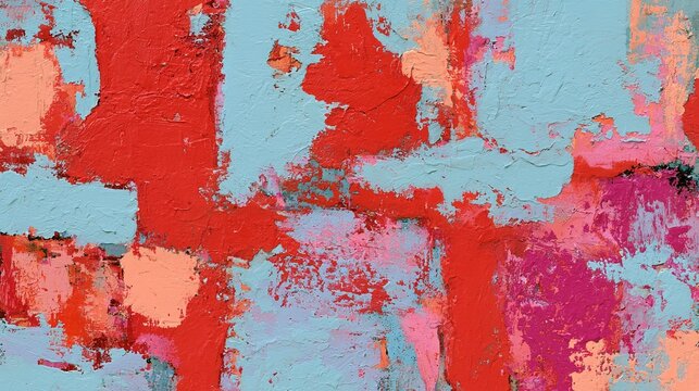 High textured gestural abstract artwork with energetic red pastel blue palette, scattered light orange magenta patches, irregular dynamic layered distressed paint composition for wall decor print grap