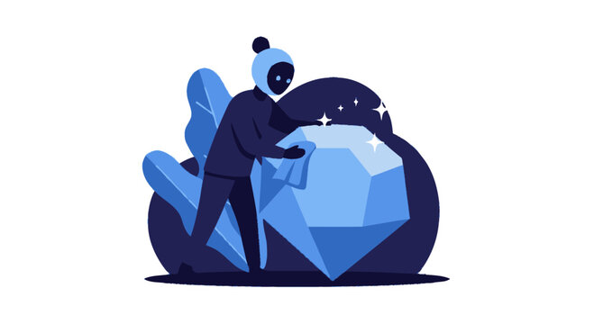 Person holding large blue diamond gemstone illustration.