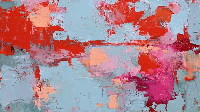 High textured gestural abstract artwork with energetic red pastel blue palette, scattered light orange magenta patches, irregular dynamic layered distressed paint composition for wall decor print grap