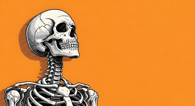 Illustration of a human skeleton head and torso looking up on an orange background
