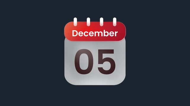 December 05 5th Calendar Date Highlight Animation with Transparent Alpha ProRes Alpha Channel 4K 60fps
