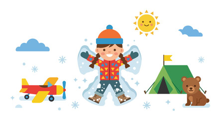 A joyful girl makes a snow angel alongside a toy plane, a green tent, and a cute bear cub under a smiling sun on a crisp winter day. © Rayi