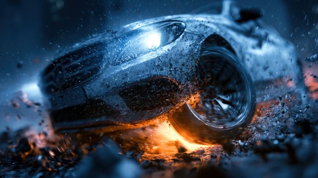A dynamic close-up of a car wheel skidding on a wet surface, with sparks flying and water droplets scattering in a dramatic night scene.