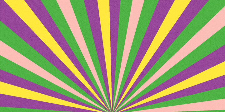 A vibrant retro-style sunburst background featuring swirling wavy rays in pastel and bold colors (blue, yellow, orange) on a neutral off-white background with a subtle grunge or noise texture.