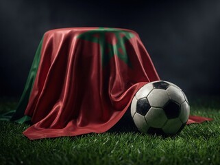 Fototapeta premium Moroccan flag draped over object with soccer ball on grass