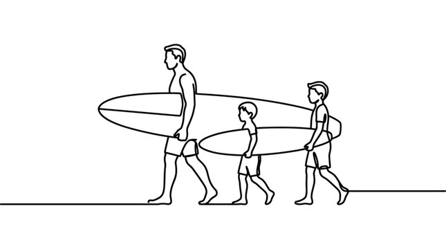 A continuous line drawing of a father and his two sons carrying surfboards to the beach.