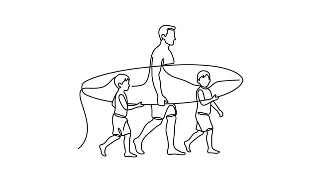 A continuous line drawing of a father and his two sons carrying a surfboard.