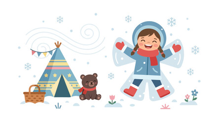 A happy young girl makes a snow angel next to a teddy bear and a cozy teepee in a whimsical, snowy winter wonderland setting with flakes. © Rayi