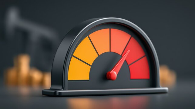 A 3D gauge meter indicating high performance or maximum level, with color zones transitioning from yellow to red.