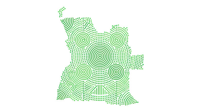Angola map outline with green concentric circles and geometric patterns
