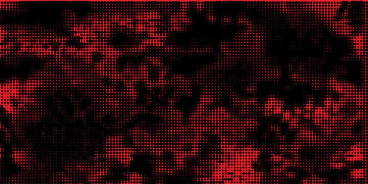 Abstract red and black halftone dot pattern background with a dark grungy camouflage or fiery texture.